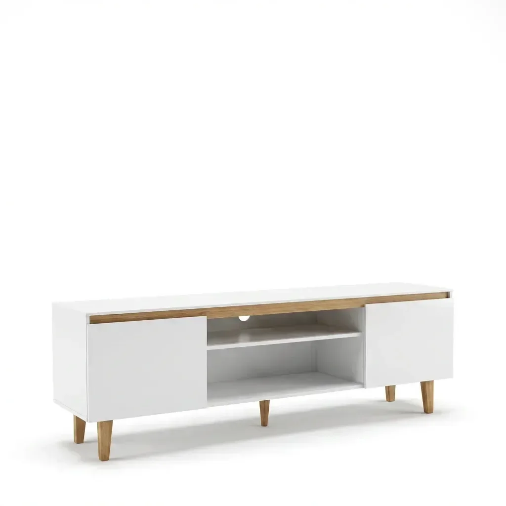 Ver imagem 2 de Rack para TV até 55 Polegadas MDF 155cm Pés em Madeira Maciça Nichos Branco/Amadeirado