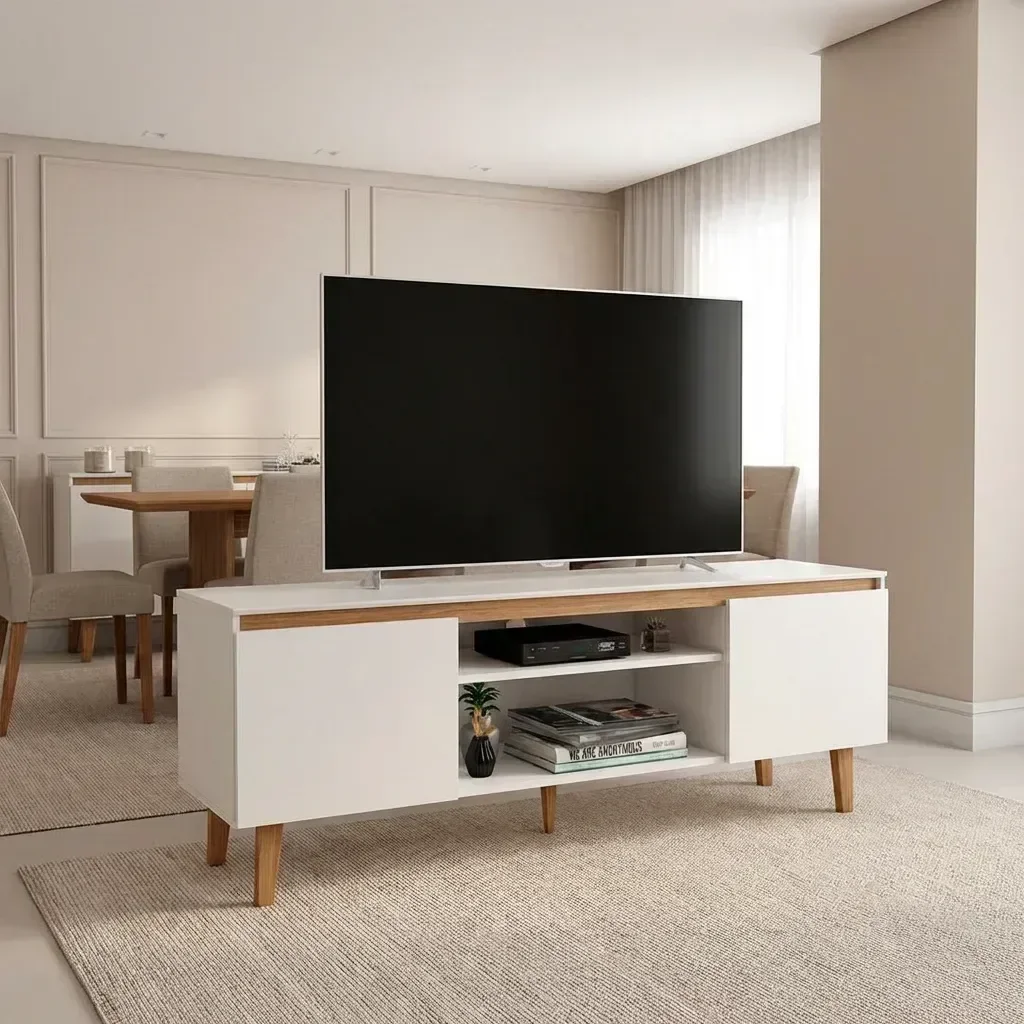 Ver imagem 1 de Rack para TV até 55 Polegadas MDF 155cm Pés em Madeira Maciça Nichos Branco/Amadeirado
