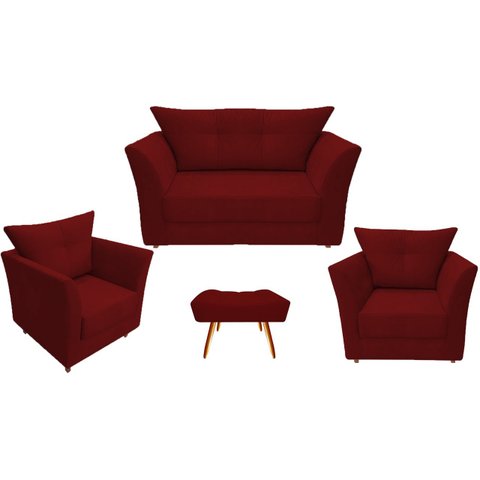 Kit Namoradeira + 2 Poltronas Decorativa Isis + 1 Puff Retangular Suede Marsala Pés Madeira Ms Decor