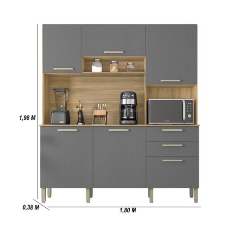 Armario de Cozinha Compacta 6 Portas 2 Gavetas Ferrara - Freijó/gris