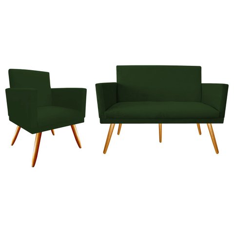 Kit Namoradeira + 1 Poltrona Decorativa Nina Suede Verde Pés Madeira Mz Decor