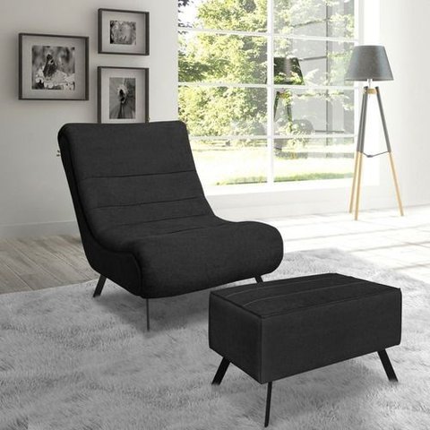 Poltrona Nathy Confortável com Puff para Sala ou Quarto Boucle Preto Bz Home Decor