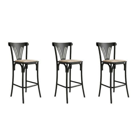 Kit 3 Banquetas Altas Paris em Aço Preto para Cozinha e Bancada Gourmet com Assento Corano - Bege