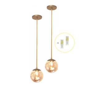 Kit 2 Pendente Dourado Quarto Cabeceira de Cama Bancada +Led Arevo Iluminação Jabuticaba VIDRO TRANS