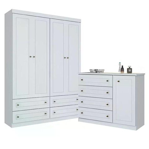 Jogo de Quarto com Guarda Roupa 4 Portas de Bater 4 Gavetas e Cômoda MDF MDP Branco Móveis Henn