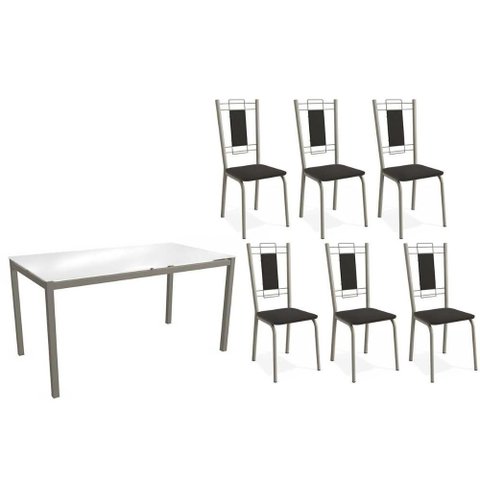 Sala de Jantar Completa Reno C/ Tampo de Vidro 150cm e 4 Cadeiras Florença Niquel - Courano Preto