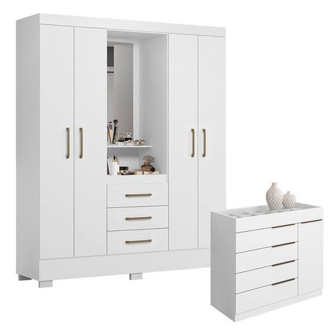 Cômoda Sevilha e Guarda Roupa Solteiro Paris 2045150 Branco - Aramóveis