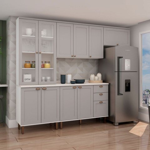Cozinha Completa Iluminata 10 Portas 3 Gavetas 100% MDF com Vidro Branco/Fendi/Mineral - Genialflex