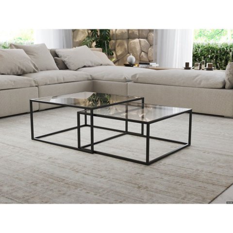 Mesa de Centro Industrial Moderna Atemporal Duo Catarina Preto e Tampo de Vidro