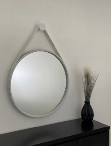 Espelho Redondo com Alça em Couro Legítimo BRANCO 80cm - 2