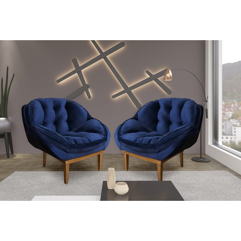 Kit 2 Poltronas Decorativa Marcela Veludo Azul Marinho