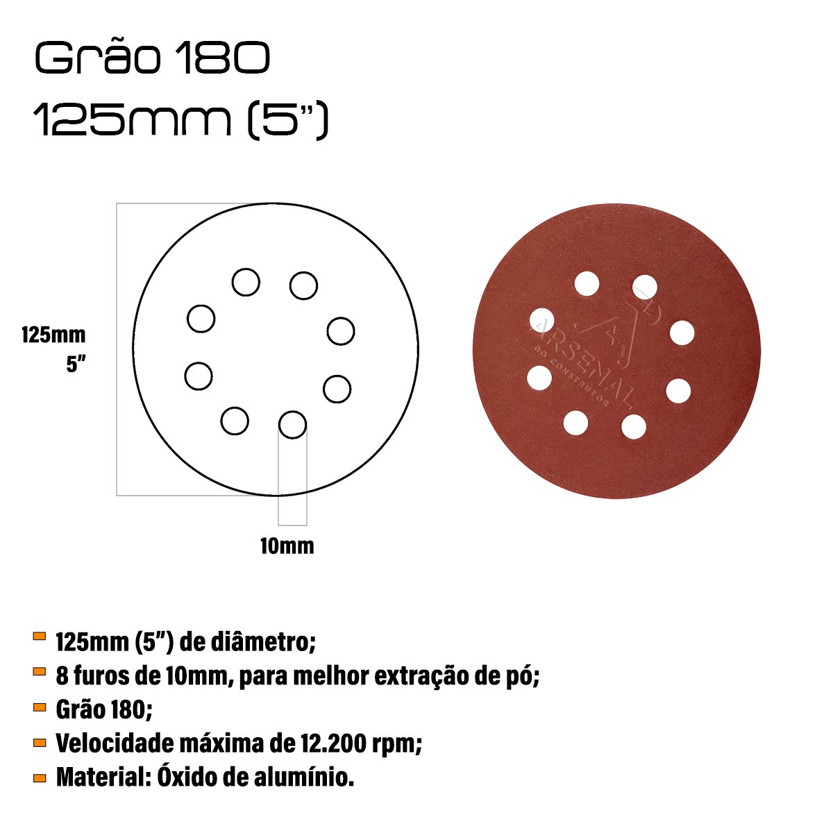 Kit 50 Discos de Lixa Velcro 125mm 4.1/2” Grão 180 - 2