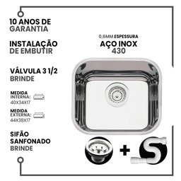 Cuba Pia Inox 40x34x17 - 430 Robust com Válvula - 3