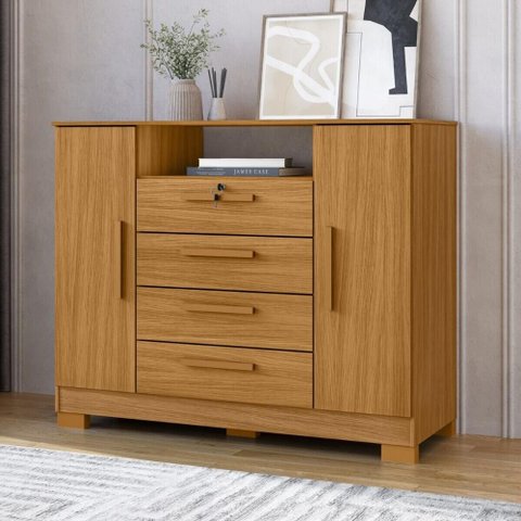 Cômoda com 2 Portas 4 Gavetas e Chave 120,5cm Multimóveis CR35668 Madeirado