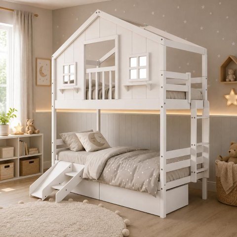 Beliche Infantil Casinha Dos Sonhos com Escorregador Madeira Maciça Branco Megamobília