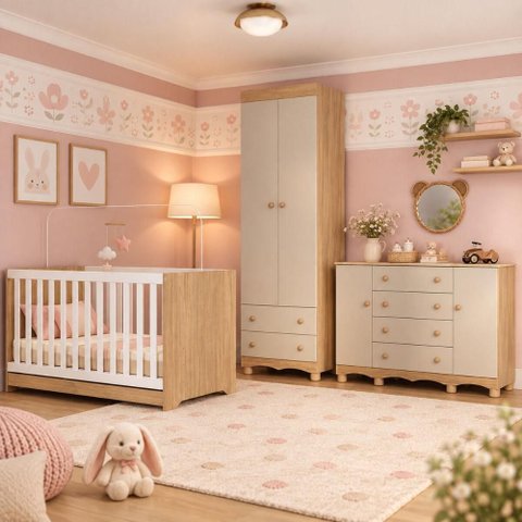 Quarto de Bebê Completo com Berço Americano 3 em 1 e Colchão Incluso Flor Multimóveis MP4944