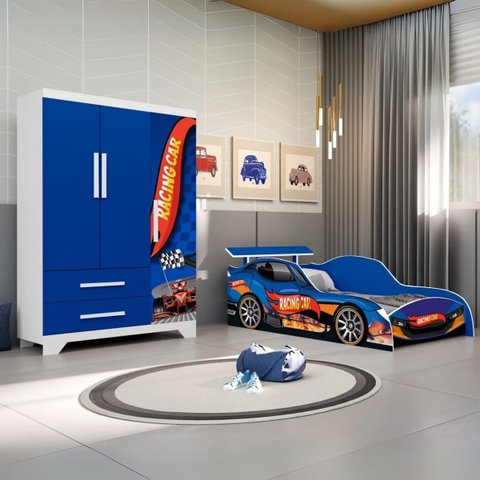 Conjunto Quarto Carro Infantil Cama e Guarda Roupas Meninos:azul