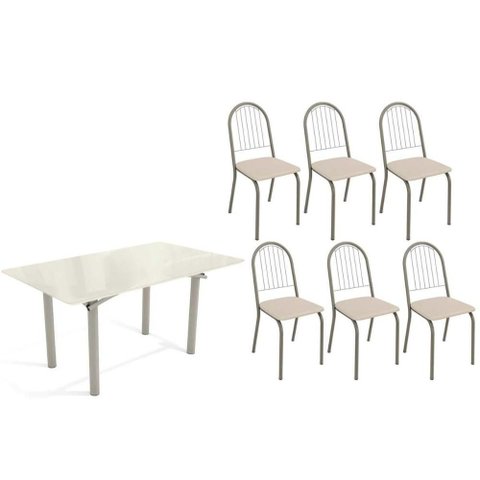 Conjunto: Mesa Sala Jantar Elba Tampo Madeirado C/ Vidro 160cm e 6 Cadeiras Noruega Niquel/off White