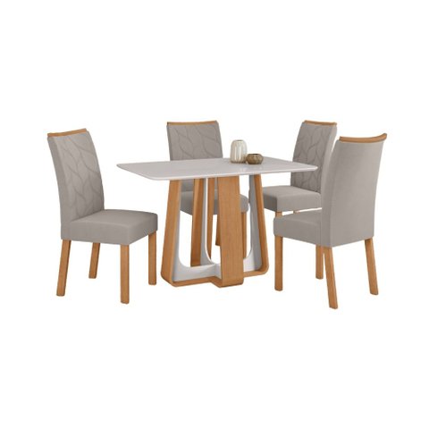 Conjunto Sala de Jantar Mesa Sintonia 120 Tampo Vidro Off White com 4 Cadeiras Rayla - Lopas Amendoa