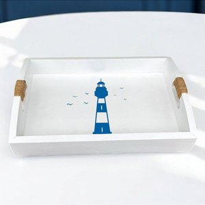 Bandeja Branca Farol em Madeira 35x25 Cm Decoração Náutica Praia