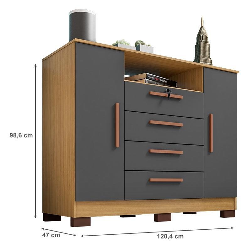 Cômoda Mirassol 4 Gavetas 2 Portas Carvalho Americano Grafite - Incorplac - 3