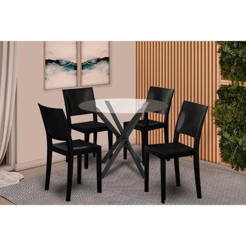 Conjunto: Mesa de Cozinha Volga C/ Tampo de Vidro 95x95cm e 4 Cadeiras Hydra Plus Preto - Kappesberg