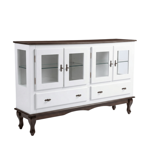 Balcão Buffet Aparador 4 Portas 2 Gavetas Prateleiras Vidro Clássico Ecomem Branco - Cappuccino