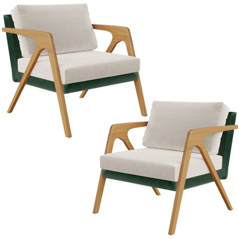 Kit 02 Poltronas Decorativas Sala Estar Pietra L02 Facto Verde Musgo Linho Cru - Lyam Decor