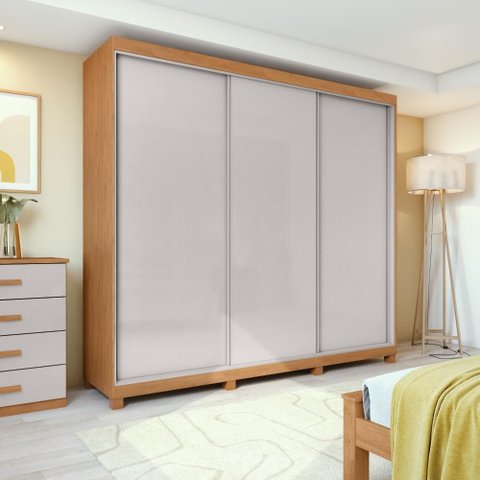 Guarda Roupa Casal 100% Mdf 3 Portas Elos com Pés Amêndoa/off White