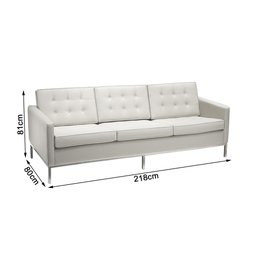 Sofá Fixo Florence Knoll 3 Lugares Inox em Couro Natural Branco - 2