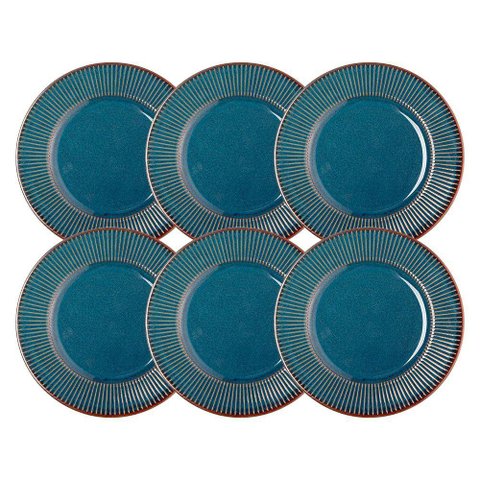 Jogo 6 Prato de Sobremesa Ceramica Azul Linear Rústico 20cm Lyor