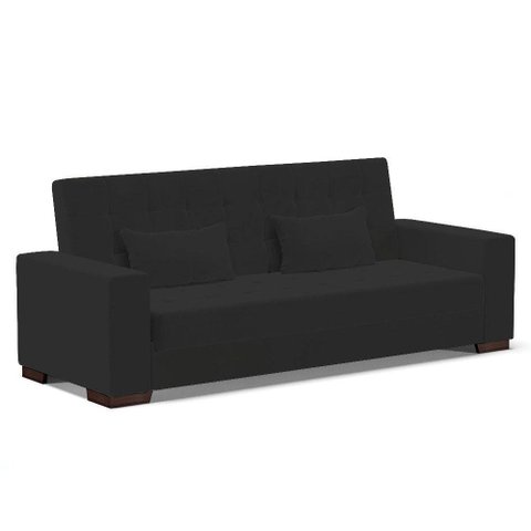 Sofá Cama 02 Lugares Veludo Preto Pés De Madeira