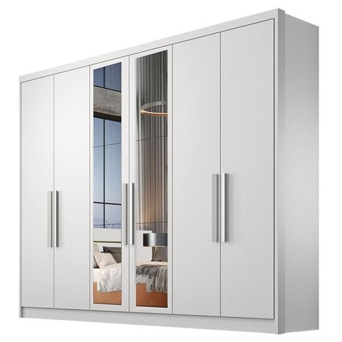 Guarda Roupa Casal Linea 6 Portas 4 Gavetas Neve com Nicho e Espelho – Novo Horizonte