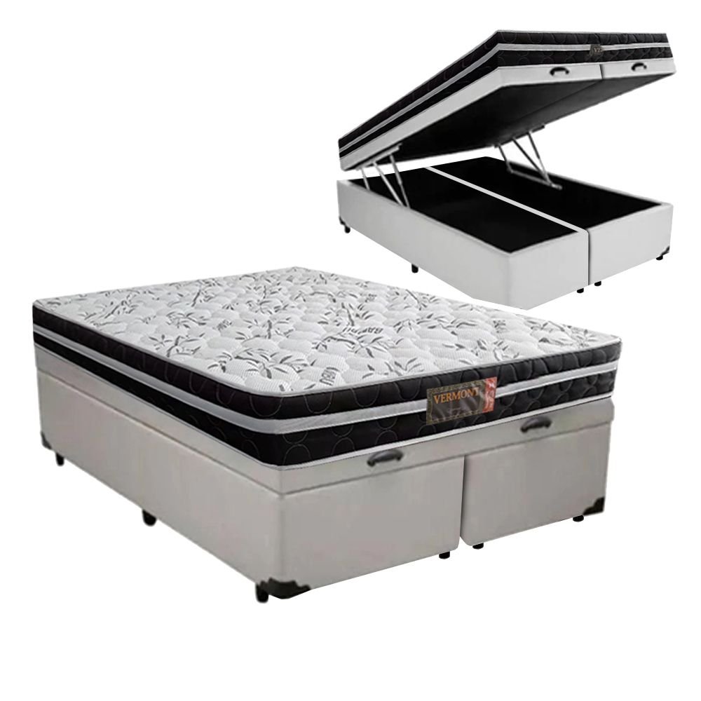 Cama Box Baú Queen Colchão Mola Superlastic 158x198x20cm Vermont Couríno Branco MadeiraMadeira
