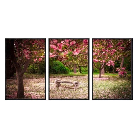 Kit 03 Quadros Decorativos - Parque Banco com Flores de Cerejeiras Flnt022k - Vidro - 60x80cm