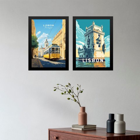 Kit 2 Quadros Posters Lisboa - Portugal 33x24cm:moldura Preta