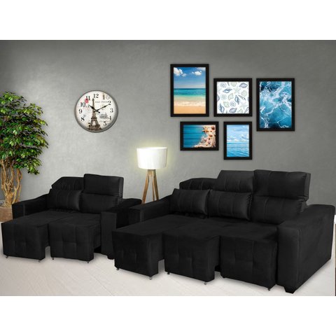Conjunto Sofá Alfa 2 e 3 Lugares Retrátil Reclinável Preto – Ws Estofados