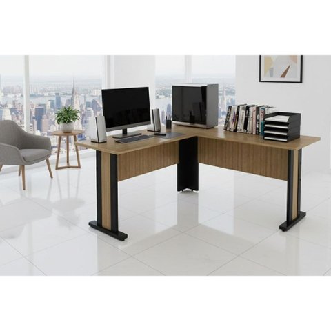 Mesa Multiuso Escritório Canto Me-4195 Amêndoa/preto - Tecno Mobili