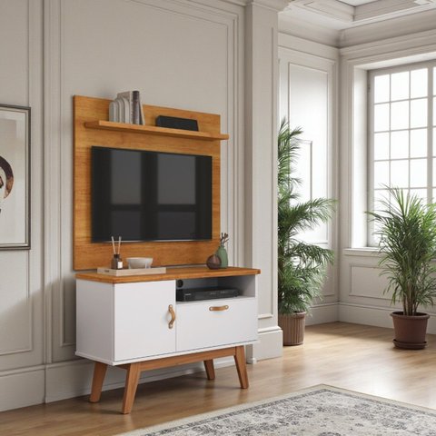 Rack com Painel Tv 90cm Sirius Branco Cinamomo Retrô Mdp Nicho e Pés de Madeira:branco/cinamomo