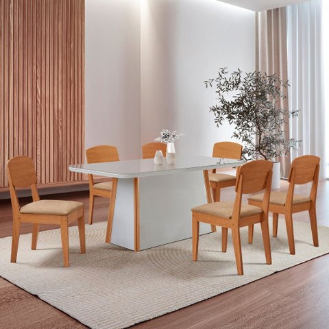 Mesa de Jantar Diane 180cm Tampo Mdf Vidro Canto Copo com 6 Cadeiras Copper