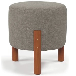 2 Puf Puff Redondo com Pés em Madeira 35x35cm Tecido em Linho Cor Cinza