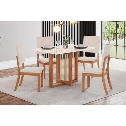 Conjunto: Mesa de Cozinha Natalí C/ Tampo Madeirado C/ Vidro Reto 120x80cm e 4 Cadeiras Milla
