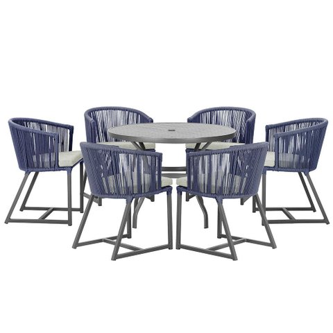 Mesa com 6 Cadeiras de Jantar Roma 120cm e Noronha em Alumínio Preto Corda Náutica Estofado 3 Trama