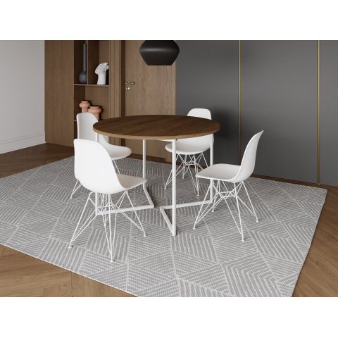 Mesa Industrial Base Ferro Branco em V Tampo 110cm Amêndoa 4 Cadeiras Brancas Ferro Branco