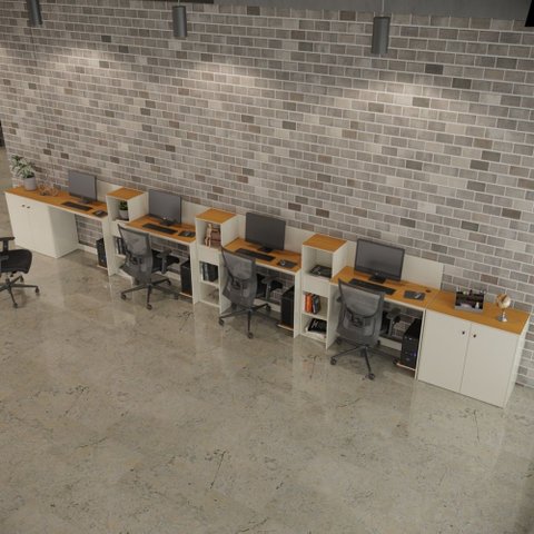 Conjunto de Escritório Smart 3 Livreiro 2 Buffet e 4 Mesas 90cm - Off White e Cedro