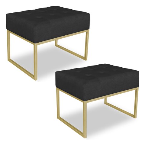 Kit 02 Puffs Lisa Suede Preto Base Metálica Industrial Dourado - Pallazio