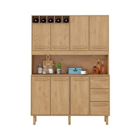 Armário de Cozinha Rafaela 7 Portas 3 Gavetas MDF-MDP 143cm Amêndoa Milani