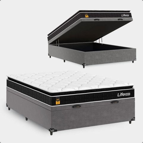 Cama Box Baú Casal Cinza + Colchão Life D33 Pillow Top 61x138x188cm Preto - e-Shop Casa