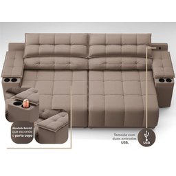 Sofá com Porta Copos Carregador USB Ret Rec Samurai 2,50m Velosuede Marrom - NETSOFAS - 2