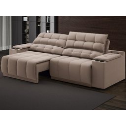 Sofá com Porta Copos Carregador USB Ret Rec Samurai 2,50m Velosuede Marrom - NETSOFAS - 1